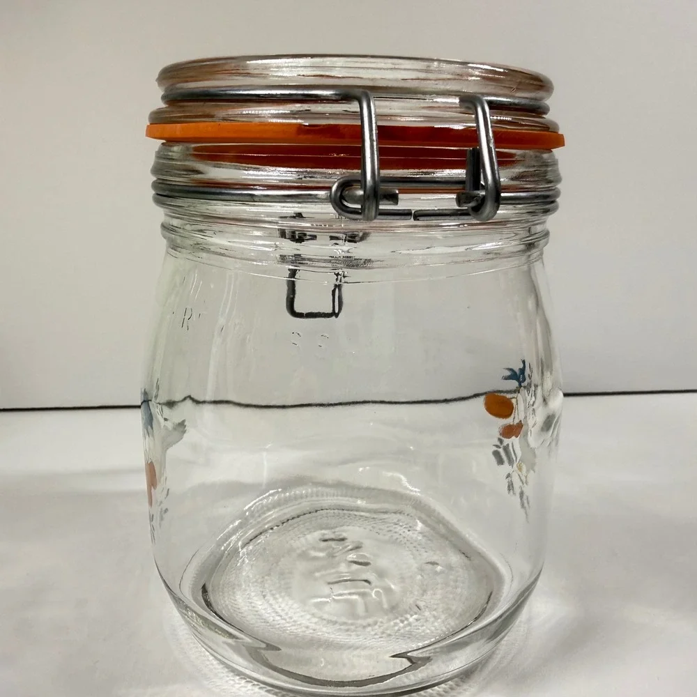 Vintage 80s Arc France GOOSE & CHERRIES Glass Canister 3/4L Wire Bail Jar NICE